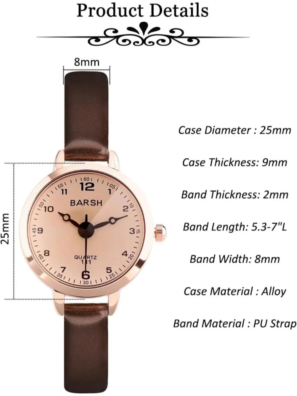 Women's Coffee Brown Analog Quartz Classic PU Leather Casual Round Wrist Watch